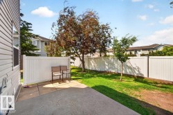 Expansive backyard featuring a concrete patio, a manicured lawn, and mature trees - 