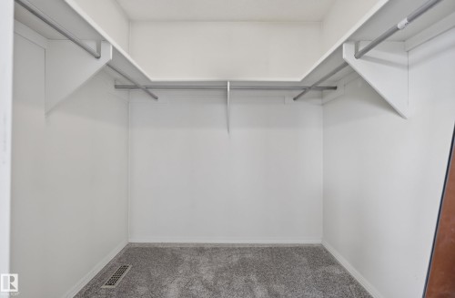 Spacious walk-in closet featuring light grey carpeting, white walls, and built-in shelving with integrated hanging rods - 2712 104 Street, Edmonton, AB 