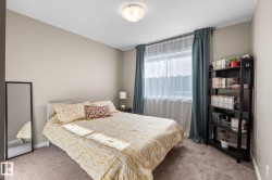 Carpeted room with a window featuring sheer and solid drapery - 