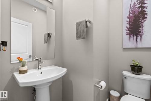 Pedestal sink with chrome faucet, complemented by a rectangular wall-mounted mirror - 2146 Koshal Way, Edmonton, AB 