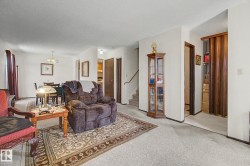Carpeted living area with light-colored walls and a decorative area rug - 