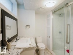 Bathroom featuring a granite countertop vanity with an undermount sink, a framed mirror, a toilet, and a glass-enclosed shower with tile surround and rain showerhead - 