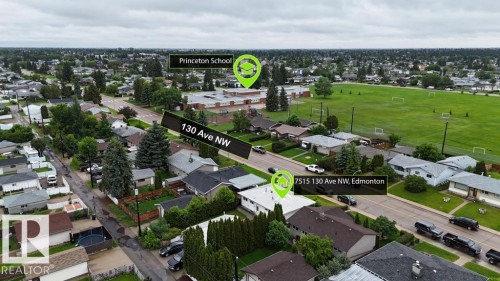 Aerial overview of the neighborhood, highlighting 130 Ave NW, the property at 7515 130 Ave NW, Edmonton, and Princeton School - 7515 130 Avenue, Edmonton, AB 