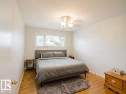Bedroom featuring light-toned walls, wood-finish flooring, a multi-pane window, and an overhead light fixture - 