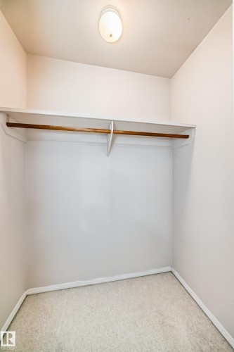 Recessed closet with a single upper shelf, wood-finish hanging rod, and carpet flooring - 7317 83 Avenue, Edmonton, AB 