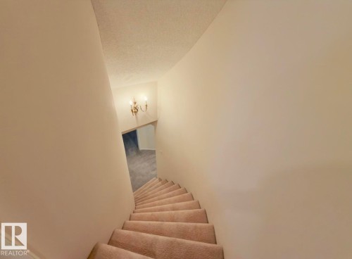 Carpeted curved staircase with light-toned walls - 134 Wolf Ridge Place, Edmonton, AB 