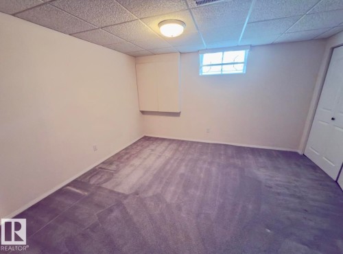 Neutral wall paint with baseboard trim, plush carpet flooring, a drop-ceiling, and a flush-mount overhead light fixture - 134 Wolf Ridge Place, Edmonton, AB 