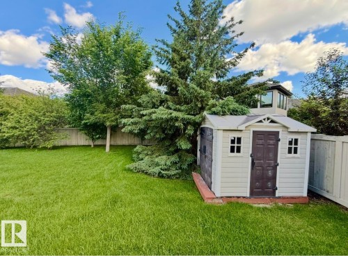 Expansive green lawn featuring a light-toned storage shed with a dark brown door, multiple mature trees, and a perimeter fence - 134 Wolf Ridge Place, Edmonton, AB 