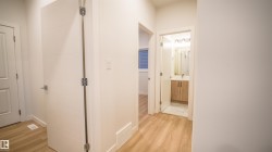 Interior hallway featuring wood-finish flooring, white walls, and contemporary paneled doors - 