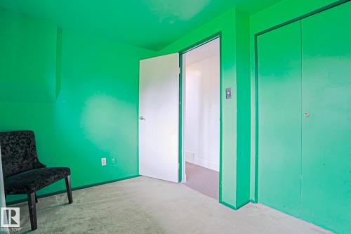 Room featuring vibrant green walls, contrasting white door, and light-colored carpeting - 2007 67 Street, Edmonton, AB 