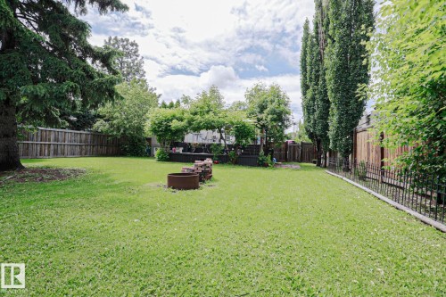 Expansive grassy backyard featuring mature evergreen trees, a privacy fence, and a designated fire pit area - 2007 67 Street, Edmonton, AB 