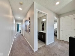 Hallway featuring textured carpet flooring, recessed lighting, and white trim - 