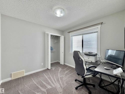 Light gray painted walls with white trim, textured carpet flooring, and a white ceiling with a flush-mount light fixture - 302 Balsam Link, Leduc, AB 