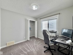 Light gray painted walls with white trim, textured carpet flooring, and a white ceiling with a flush-mount light fixture - 