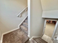 Carpeted staircase with white trim and a coordinating handrail - 