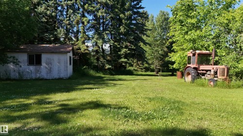 Expansive grassy area with mature deciduous and evergreen trees, featuring a detached storage shed with a single window and a reddish-brown tractor - 5416 51 Avenue, Andrew, AB 
