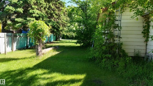 Expansive green lawn bordered by a painted wooden fence and mature trees - 5416 51 Avenue, Andrew, AB 
