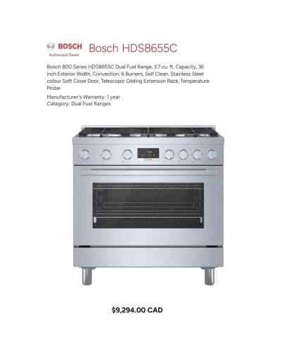 Appliance Specification Sheet. Detailing the Bosch HDS8655C Dual Fuel Range, its features, and pricing for the property - 11712 122 Street, Edmonton, AB - Other