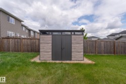 Modern storage shed featuring dual dark-toned doors, upper transom windows, and wood-grain panel siding - 