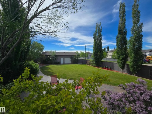 Expansive backyard featuring a large green lawn, mature trees, and a concrete pathway - 704 Wildwood Point(E), Edmonton, AB 