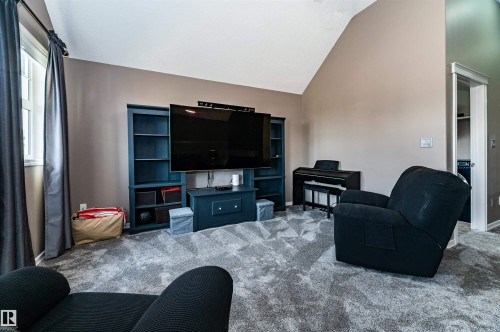 Spacious room featuring vaulted ceilings, a large window with natural light, and plush grey patterned carpeting - 704 Wildwood Point(E), Edmonton, AB 