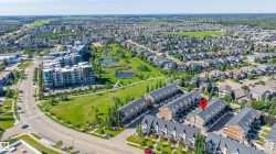 Aerial perspective showcasing a residential community with varied architectural styles - 