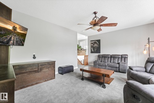 Carpeted living space featuring a ceiling fan with integrated lighting, light gray wall paint, and a wood-finish media console - 98 Bridgeport Wynd, Leduc, AB 