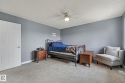 Carpeted room featuring a ceiling fan with light fixture, light gray walls, and white trim - 