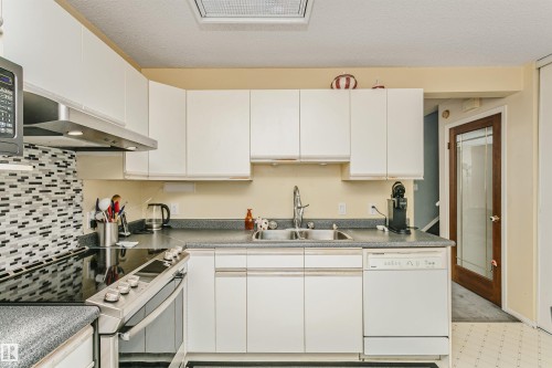 Kitchen featuring white cabinetry, a dual basin stainless steel sink, dark countertops, a mosaic tile backsplash, and a built-in dishwasher - 1612 80A Street, Edmonton, AB 
