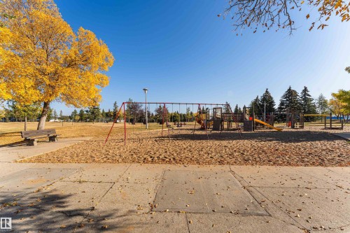 Expansive park grounds featuring a sand-based playground area, swing sets, climbing structures, and slides - 1612 80A Street, Edmonton, AB 