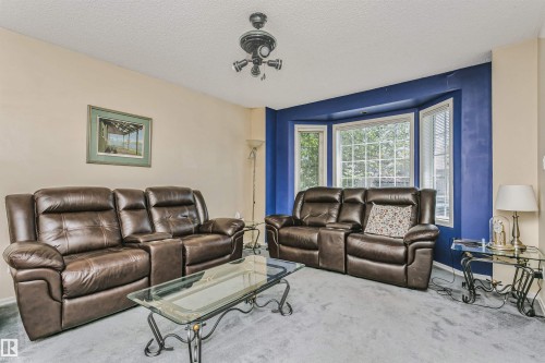 Living area featuring a bay window, ceiling-mounted light fixture, and textured carpeting - 1612 80A Street, Edmonton, AB 