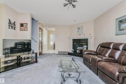 Living area with light-colored walls and grey carpeting - 