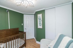 Room featuring rich green walls, wood-finish flooring, a six-panel door, and white sliding closet doors - 