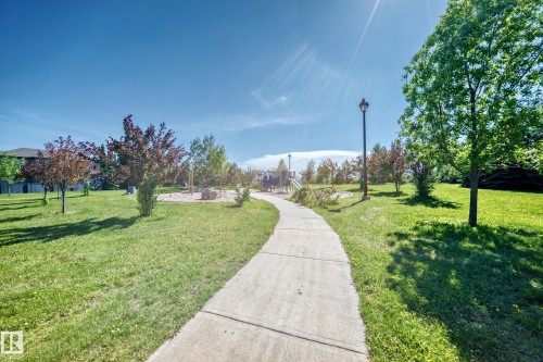 Paved pathway winding through a green space with mature trees, a playground structure, and a streetlamp - 3433 Goodridge Link Link, Edmonton, AB 