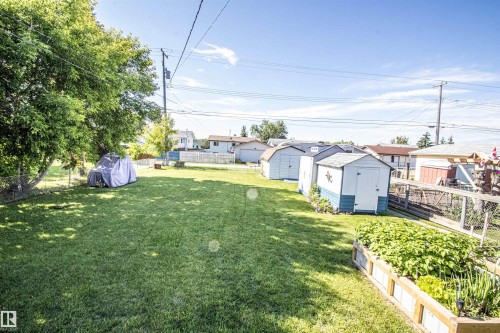 Expansive lawn with mature trees and a raised garden bed - 5217 47 Ave, St. Paul Town, AB 