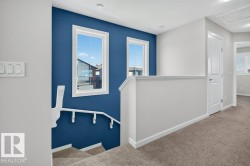 Upper-level landing featuring a carpeted floor, white trim, and a vibrant accent wall with two windows - 