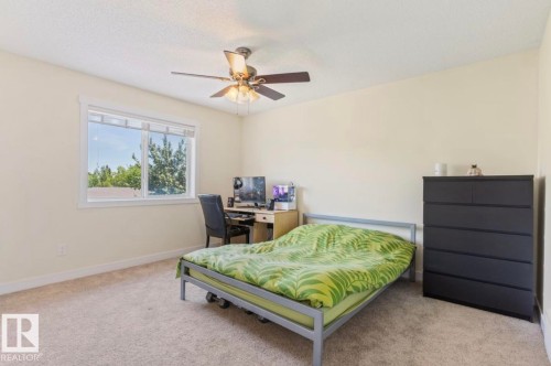 Carpeted room featuring a large window with white trim, a ceiling fan with integrated lighting, and neutral-toned wall paint - 1007 Macewan Cl, Edmonton, AB 