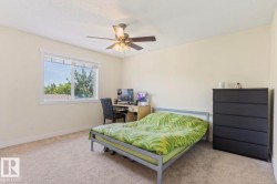 Carpeted room featuring a large window with white trim, a ceiling fan with integrated lighting, and neutral-toned wall paint - 