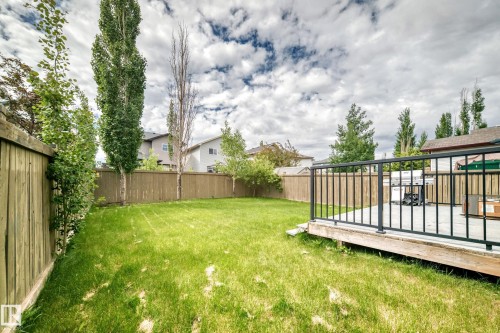 Expansive backyard featuring a manicured lawn, established privacy fencing, and mature trees - 1549 37C Avenue, Edmonton, AB 