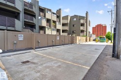 Paved parking area with marked spaces and concrete parking blocks - 
