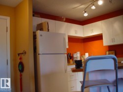 Kitchen area with white cabinetry, track lighting, a full-size refrigerator, and wood-finish countertops - 