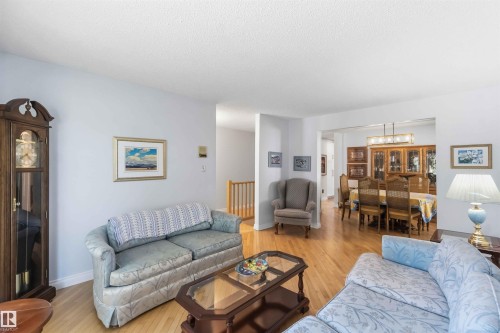 Spacious interior featuring wood-finish flooring throughout, light-toned wall paint, and an open doorway to an adjacent dining area with a linear chandelier - 31 Gariepy Crescent, Edmonton, AB 