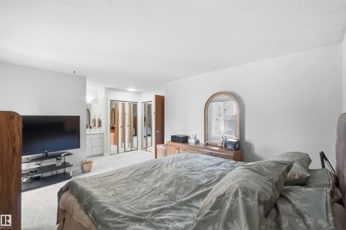 Spacious room featuring light-colored carpeting, white walls, and a recessed vanity area with built-in cabinetry and a mirror - 31 Gariepy Crescent, Edmonton, AB 