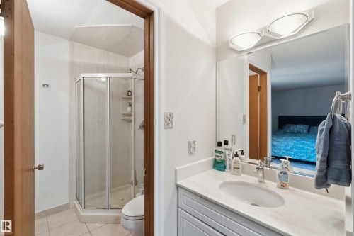 Bathroom featuring a shower enclosure with a glass door, a toilet, and a vanity with a white countertop - 31 Gariepy Crescent, Edmonton, AB 