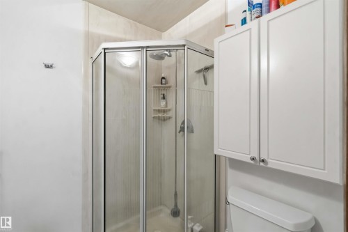Corner glass-enclosed shower with a curved design, featuring a built-in shower head and integrated shelving - 31 Gariepy Crescent, Edmonton, AB 