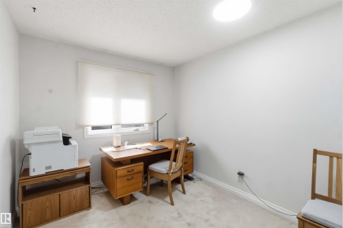 Neutral-toned interior room featuring a window with cellular shades, light-colored carpeting, white walls, and a flush-mount ceiling light - 31 Gariepy Crescent, Edmonton, AB 