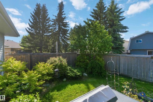Fenced backyard featuring a manicured lawn, established landscaping, and mature evergreen trees - 31 Gariepy Crescent, Edmonton, AB 