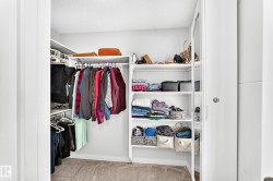 Walk-in closet featuring white built-in shelving, multiple hanging rods, and a neutral carpeted floor - 