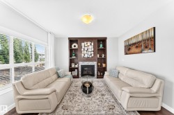 Living area featuring a floor-to-ceiling built-in fireplace with a stone surround and dark wood shelving - 
