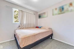 Bedroom featuring a window with exterior tree scenery, light-colored walls, and textured carpeting - 